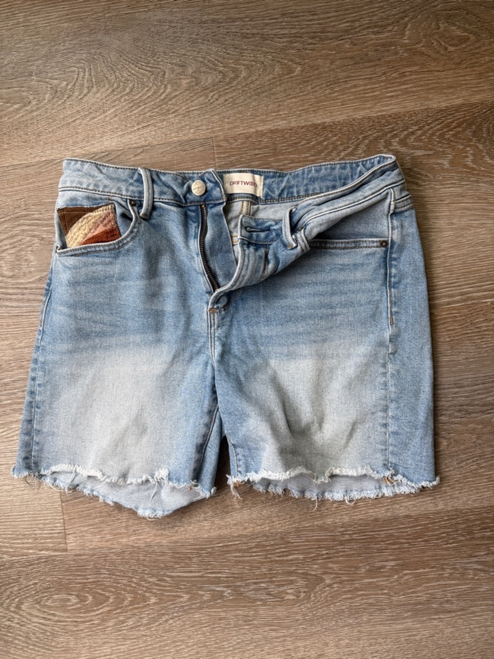 DRIFTWOOD light blue regular waist frayed denim cutoff shorts with sunset design